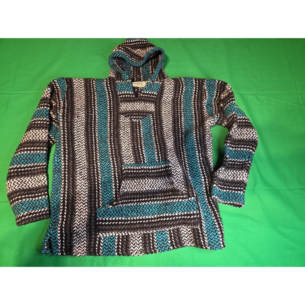 Baja Joe Men's XL Black/Green/White Striped Knit Pullover Hoodie Hooded Pockets